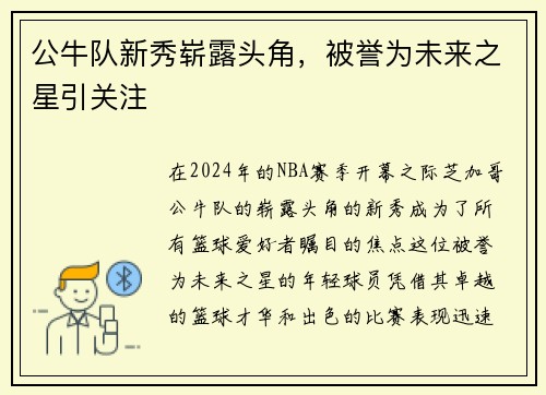 公牛队新秀崭露头角，被誉为未来之星引关注