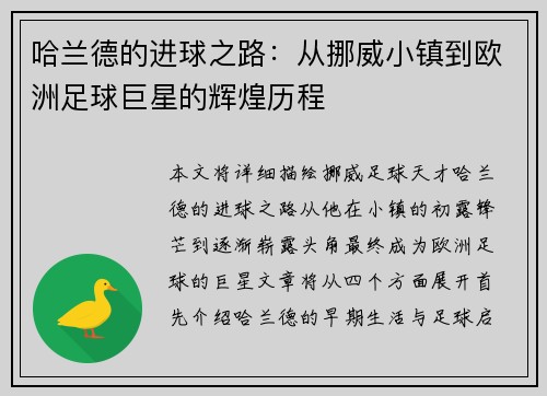 哈兰德的进球之路：从挪威小镇到欧洲足球巨星的辉煌历程